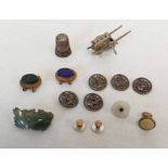 WHITE METAL WHEEL BARROW MARKED L W WITH CHARACTER MARKS, GREEN HARDSTONE ORIENTAL BROOCH,