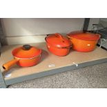 3 LE CREUSET POTS & LIDS ON 1 SHELF