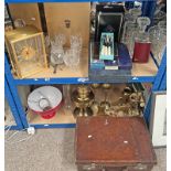 BRASS CASED MANTLE CLOCK, VARIOUS CASED CRYSTAL, VARIOUS CUTLERY, BRASS PARAFFIN LAMP & RED SHAD,