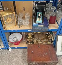 BRASS CASED MANTLE CLOCK, VARIOUS CASED CRYSTAL, VARIOUS CUTLERY, BRASS PARAFFIN LAMP & RED SHAD,