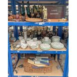 PICNIC HAMPER, WOODEN SHOE, BRUSH BOX, VARIOUS WOODEN CARVINGS, VARIOUS COINS & WRIST WATCHES,