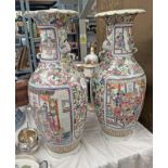 PAIR CHINESE PORCELAIN VASES WITH FLORAL BIRD & INTERIOR SCENE DECORATION WITH BIRD HANDLES 63 CM