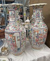 PAIR CHINESE PORCELAIN VASES WITH FLORAL BIRD & INTERIOR SCENE DECORATION WITH BIRD HANDLES 63 CM