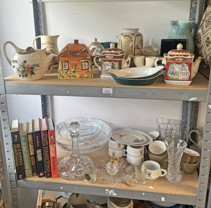 VARIOUS PORCELAIN TEAPOTS, WHISKY JUGS, COTTAGE BISCUIT BARREL, VARIOUS MOTOR BOOKS BY CLARKSON,