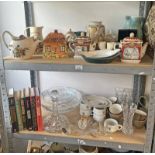 VARIOUS PORCELAIN TEAPOTS, WHISKY JUGS, COTTAGE BISCUIT BARREL, VARIOUS MOTOR BOOKS BY CLARKSON,