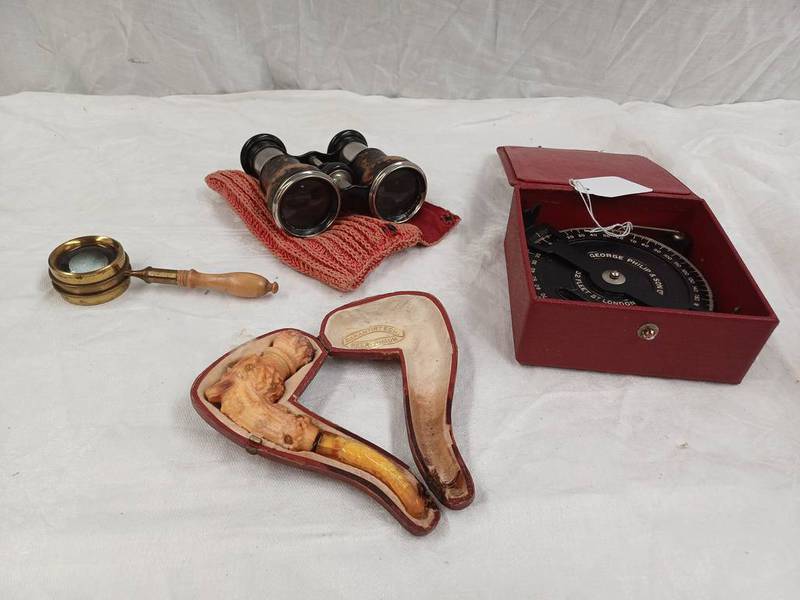 BOXED PHILIPS HAND THEODOLITE BINOCULARS, CASE MEERSCHAUM PIPE ETC.