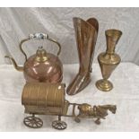 LARGE BRASS & COPPER KETTLE, COPPER RIDING BOOT STICK STAND , HEIGHT 53 CMS,
