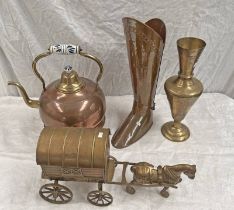 LARGE BRASS & COPPER KETTLE, COPPER RIDING BOOT STICK STAND , HEIGHT 53 CMS,