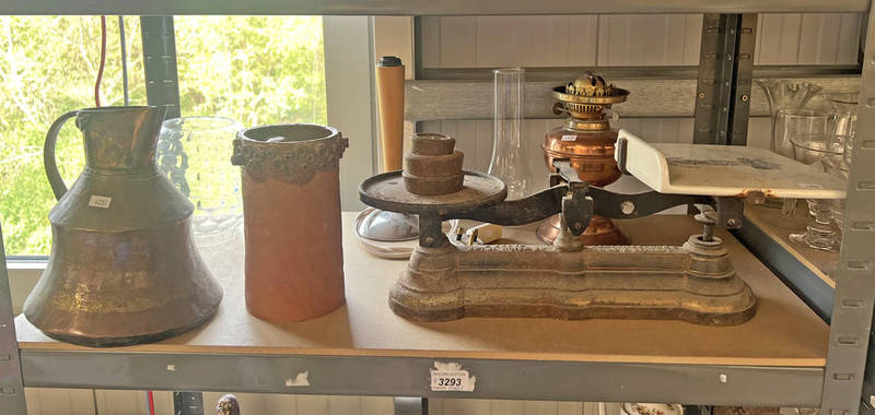 SET SCALES & WEIGHTS, COPPER PARAFFIN LAMP,