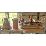 SET SCALES & WEIGHTS, COPPER PARAFFIN LAMP,