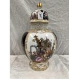 CONTINENTAL PORCELAIN LIDDED VASE (A/F) WITH CLASSICAL SCENE DECORATION.