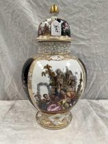 CONTINENTAL PORCELAIN LIDDED VASE (A/F) WITH CLASSICAL SCENE DECORATION.