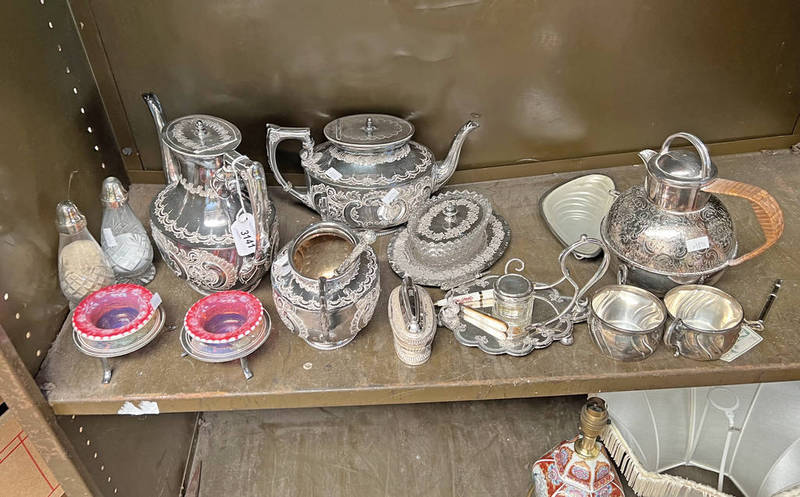 SILVER PLATED TEAWARE, BUTTER DISH, 2 CUPS MARKED 800 VARIOUS OTHER PIECES, CRUETS ETC.