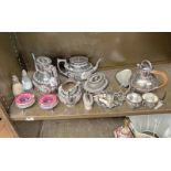 SILVER PLATED TEAWARE, BUTTER DISH, 2 CUPS MARKED 800 VARIOUS OTHER PIECES, CRUETS ETC.