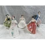 5 ROYAL DOULTON FIGURES QUEEN ELIZABETH THE QUEEN MOTHER HN 3230, JULIA HN2706,