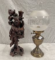 ORIENTAL CARVED WOODEN FIGURE, TABLE LAMP.