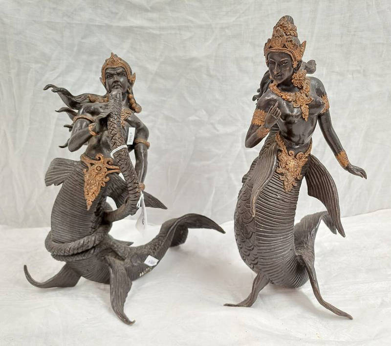 PAIR OF BRONZE GOD & GODDESS STYLE FIGURES WITH FISH BODIES.