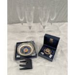 6 ROYAL DOULTON CHAMPAGNE GLASSES ROYAL WORCESTER MILLENNIUM BOX & PORCELAIN PLAQUE