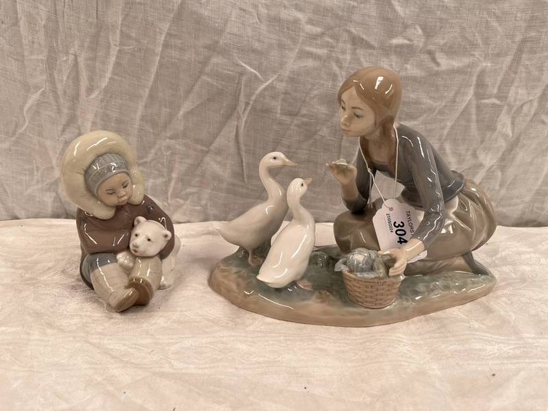 LLADRO FIGURE GROUP 'FEEDING THE GEESE' & 'BOY WITH WHITE BEAR'