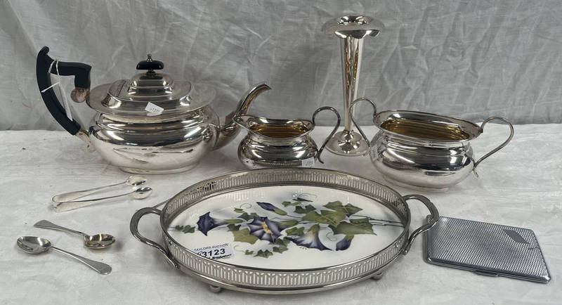 3 PIECE SILVER PLATED TEASET, SILVER PLATED VASE, PORCELAIN & SILVER PLATED TRAY ETC.