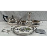 3 PIECE SILVER PLATED TEASET, SILVER PLATED VASE, PORCELAIN & SILVER PLATED TRAY ETC.