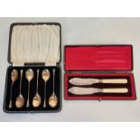 PAIR OF CASED SILVER BUTTER KNIVES SHEFFIELD 1893 & CASED SET OF 6 SILVER TEASPOONS IN FITTED CASE,