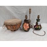 2 MOORCROFT TABLE LAMPS (ONE A/F) METAL TABLE LAMP & WOODEN SKIN COVERED DRUM