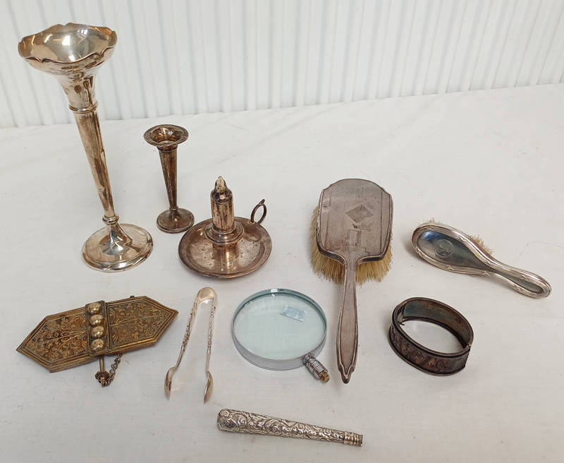 SILVER TABLE LIGHTER BIRMINGHAM 1903, 2 SILVER SPILL VASES, SILVER BACKED BRUSH, MAGNIFYING GLASS,