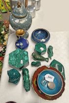 VARIOUS MALACHITE HARD STONE CARVINGS, 6 PIECE CLOISONNE ENAMEL WARE & BRASS BOWL.