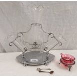 OVAL BASED SILVER PLATED EPERGNE HOLDER & CRANBERRY GLASS SALT