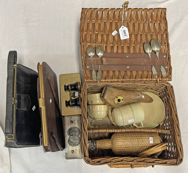 WICKER PICNIC HAMPER, HANDBAGS, ROWNTREE SOUVENIR TINS ETC.