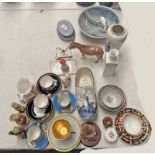 HIGHLAND STONE WARE DISH, VARIOUS HUMMEL FIGURES, BESWICK DONKEY, VARIOUS PORCELAIN COFFEE CUPS,