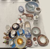 HIGHLAND STONE WARE DISH, VARIOUS HUMMEL FIGURES, BESWICK DONKEY, VARIOUS PORCELAIN COFFEE CUPS,