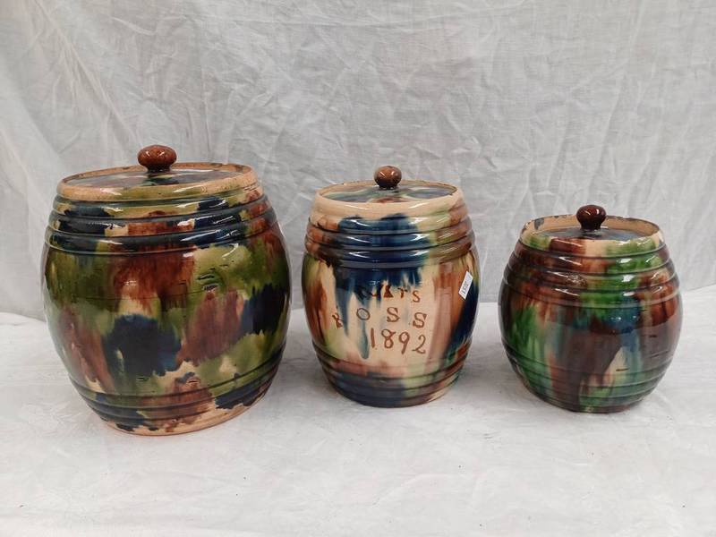 3 19TH CENTURY LIDDED SCOTTISH POTTERY BARREL JARS INCLUDING 1 MARKED MRS ROSS 1892 TALLEST TALL