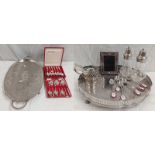 SILVER PLATED FRAME, OVAL & CIRCULAR SILVER PLATED TRAYS, 2 CASED SET OF 6 SILVER PLATED SPOONS,