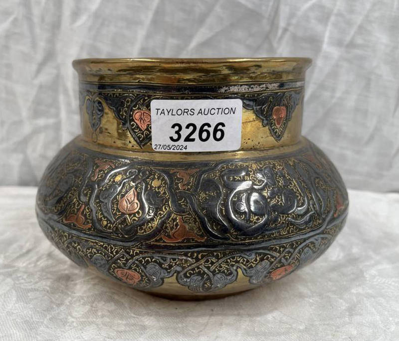 MIDDLE EASTERN BRASS POT WITH COPPER & SILVER DECORATION,
