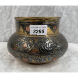 MIDDLE EASTERN BRASS POT WITH COPPER & SILVER DECORATION,