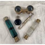 3 SCENT BOTTLES & PAIR OF MOTHER OF PEARL OPERA GLASSES