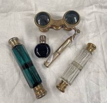 3 SCENT BOTTLES & PAIR OF MOTHER OF PEARL OPERA GLASSES