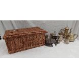 PICNIC HAMPER WITH 4 PIECE SILVER PLATED TEASET, SILVER PLATED LIDDED DISH, BASKET ETC,