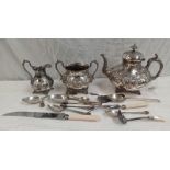 3 PIECE SILVER PLATED TEASET, MOTHER OF PEARL HANDLED LADLE,