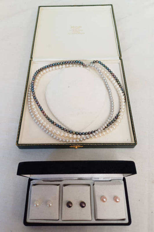 TRIPLE STRAND CULTURED PEARL NECKLACE, TOTAL LENGTH 46CM.