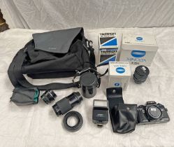 MINOLTA X-700 CAMERA WITH HANIMEX 75-150MM, TAMRON 35-70MM LENS WITH BOXES AND CARRY BAG,