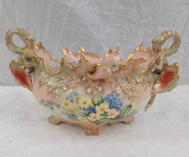 NAUTILUS PORCELAIN BOWL WITH FLORAL DECORATION & DRAGON HANDLES,