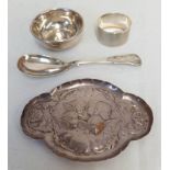 SHAPED SILVER DISH WITH CHERUB DECORATION LONDON 1924, SILVER NAPKIN RING,