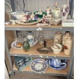 GOOD SELECTION OF BLUE & WHITE WARE, PORCELAIN FIGURES, ART GLASS,