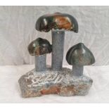 LATE 20TH CENTURY CARVED STONE SCULPTURE OF 3 MUSHROOMS 27 CM TALL