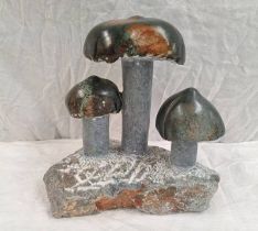 LATE 20TH CENTURY CARVED STONE SCULPTURE OF 3 MUSHROOMS 27 CM TALL