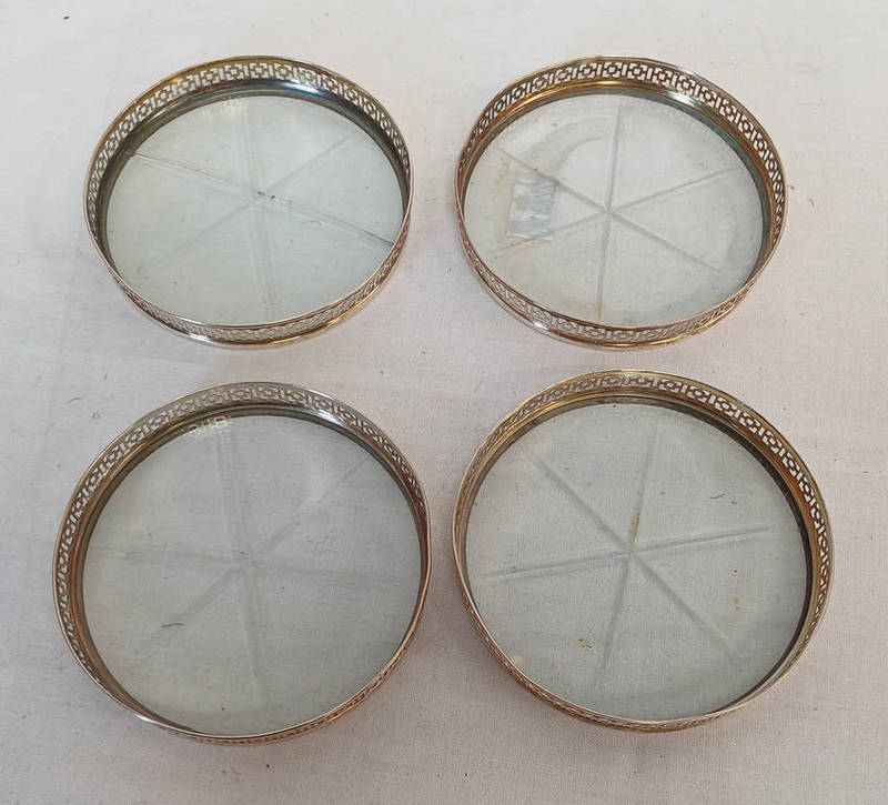 SET OF 4 DISHES MARKED STERLING WITH PIERCED DECORATION & GLASS BASES