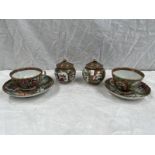 2 CHINESE CUPS & SAUCERS & 2 CHINESE PORCELAIN LIDDED POTS.